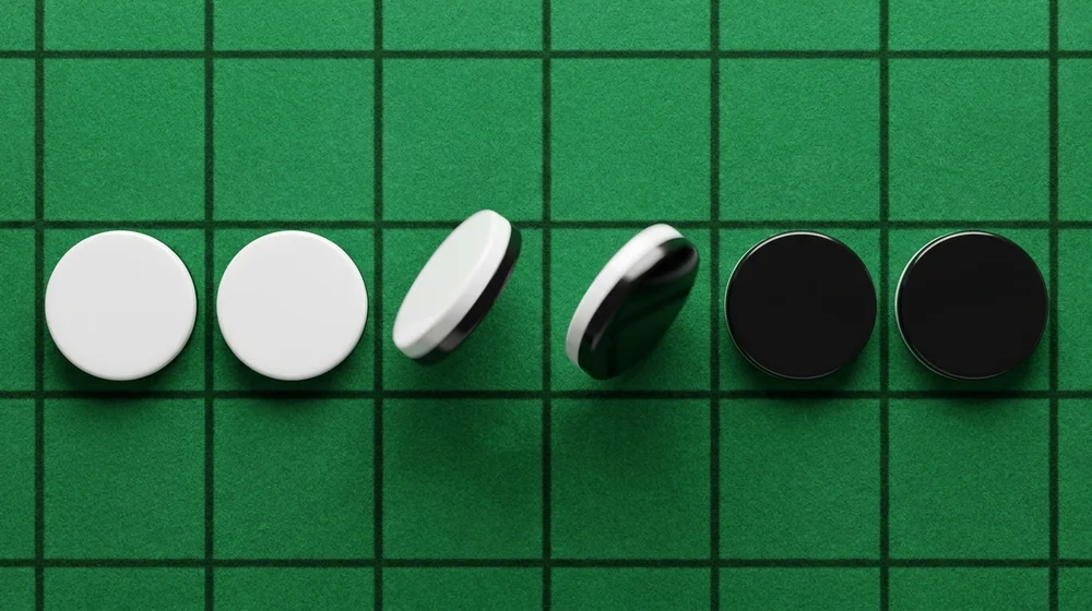 A row of light discs flipping to dark after being flanked between two dark discs, shown for Reversi