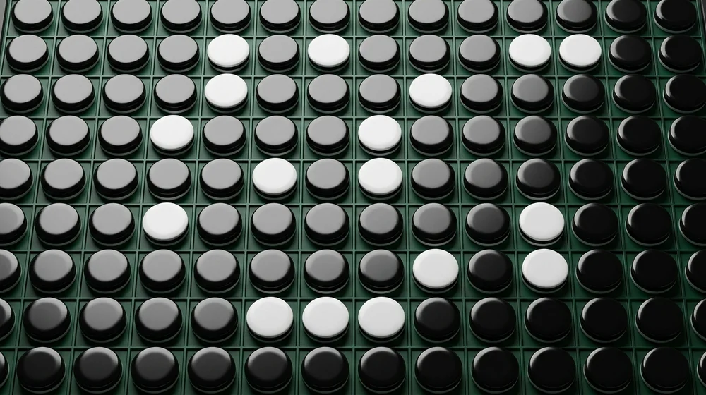 A finished Reversi board where dark discs clearly outnumber light discs, showing the majority-wins goal, shown for Reversi