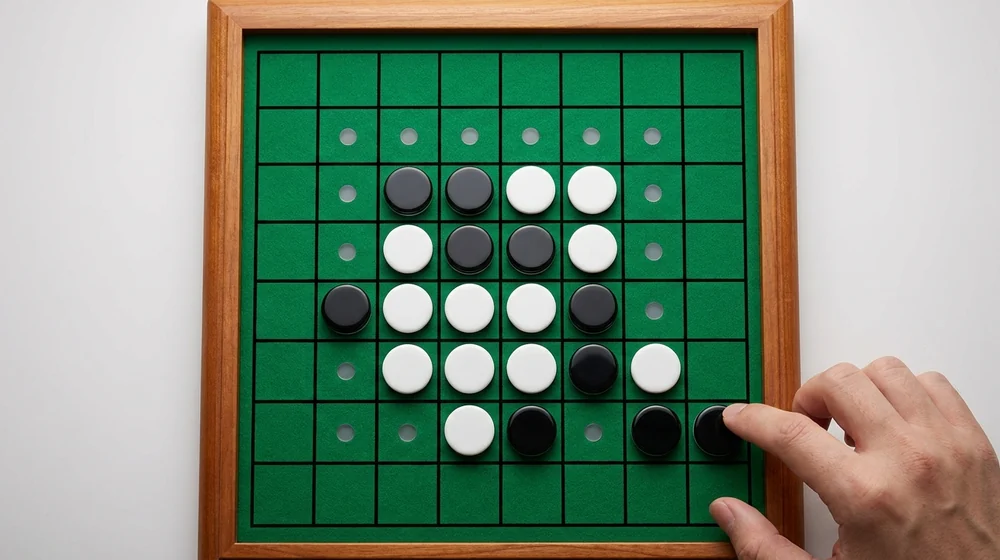 A Reversi board with the legal moves for the next player highlighted with markers, shown for Reversi