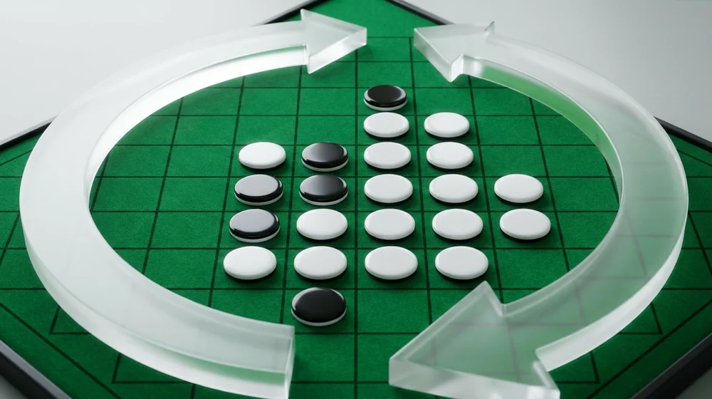 An upside-down Reversi board illustrating the reversed goal of winning with the fewest discs, shown for Anti-Reversi